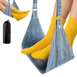 Airplane Foot Hammock, No Collapse Foot Rest for Plane Travel with Extended Adjustment Strap, Portable Desk Foot Hammock with,Cotton Denim, Foot Sling Travel Essentials to Relax Your Feet(Light Blue)