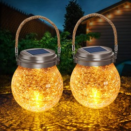 DBF 2 Pack Solar Lanterns Outdoor Waterproof IP65, Heavy Crackle Glass, Amber Warm & RGB, 30 LEDs, Stainless Steel Lid, Hanging Globes Ornaments, Garden Decor for Patio Backyard Tree Flower Bed Table