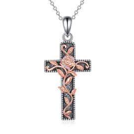 LUHE Cross Necklace for Women Sterling Silver Rose Flower Cross Pendant Necklace Rose Gold Jewelry Gifts for Women