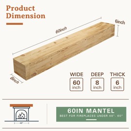 60 Inch Floating Shelf, Handcrafted Wood Mantles for Over Fireplace, Floating Mantel Shelf with Invisible Wooden Bracket for Wall Decor, Natural