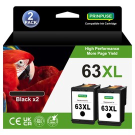 PRINPUSE 63XL Black Ink Cartridges for HP 63 63XL Ink Cartridge for OfficeJet 3830 4650 4655 5255 5258 5200 Envy 4520 4512 DeskJet 2130 2132 3630 Printer,2 Pack