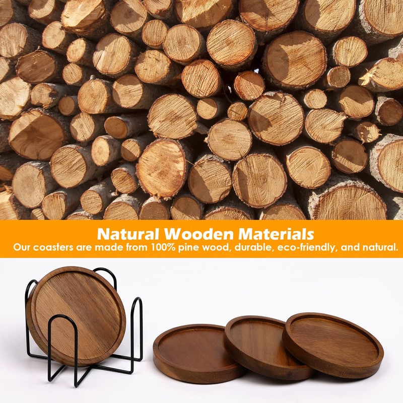 4 Pcs Wood Coasters for Drinks Absorbent, Wooden Coasters with