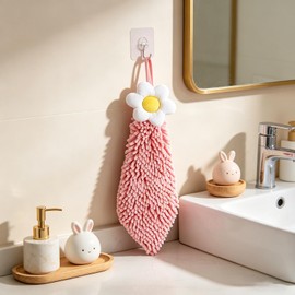 Chenille Hand Drying Towel with Hanging Loop,Daisy Design Lovely Fingertip Towel for Kids Adults, Soft Strong Water Absorption and Quick Drying Hand Towels for Kitchen Bathroom Wash Basin (Pink*Blue)