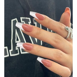 Morily Pink White French Tip Press on Nails - 30Pcs Thicker Fake Nails with Design, Full Cover Long Coffin False Nails Reusable Acrylic Stick on Nails in 15 Sizes, Include Glass File