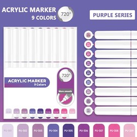 Yolaka Water Based Acrylic Paint Markers, 9 Colors Acrylic Paint Pens Set with Soft Brush Tip, Marker Pen for Rock Painting, Egg, Wood, Glass, Paper, Mugs, Acrylic Painter Ink (Purple Series)