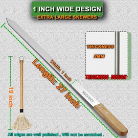 JOWHONK 27 Inch Extra Long 1 Inch Wide Kabob Skewers for Grilling, Premium 304 Stainless Steel Barbecue Skewer with Wood Handle,Metal Flat Kebab Skewers include 8PCS BBQ Skewer,1PCS Grill Mop Brush