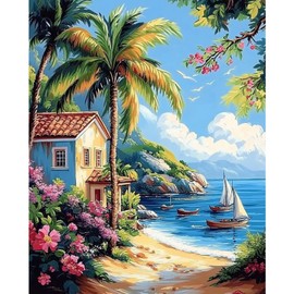 obterie Beach Paint by Numbers Kit for Adults Beginner Scenery Oil Painting Kit Adult Paint by Number Kits on Canvas DIY Painting for Beginners Art by Numbers for Gifts Home Wall Decor 16x20 Inch