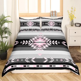 Southwest Native American Bedding Duvet Cover Set Queen Size Southwestern Geometric Bedding Set for Kids Decor Tribal Pink Grey Black Comforter Cover Set Modern Art Bedspread Cover Bedroom Bedclothes