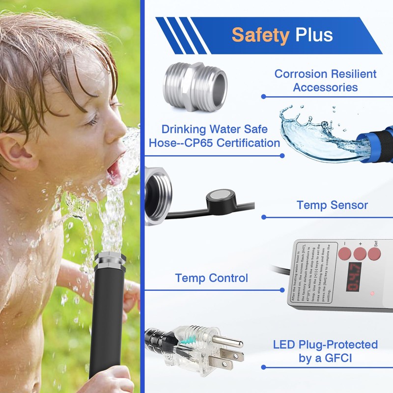 30FT RV Heated Drinking Water Hose -Temp Control, Features Water