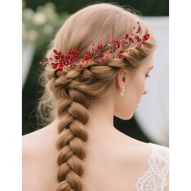 Teyglen Bride Red Wedding Hair Comb with Hair Pins Set Shiny Rhinestone Head Piece Crystal Bridal Side Comb Decorative Hair Jewelry Accessories for Women Bridal Headpiece (Red)