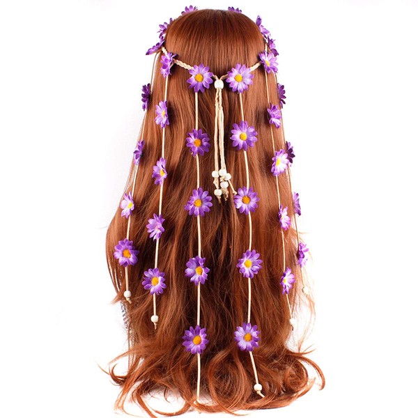 Adjustable Bohemian Sunflowers Fascinator Headdress Headband - Numblartd Women Lady Gypsy Hippie Handmade Floral Crown Hairband Headpiece Hair Accessories for Wedding Bride (Purple)