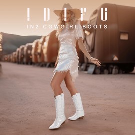 IDIFU IN2 Cowboy Boots For Women Cowgirl Knee High Western Tall Boots Chunky Low Pointed Toe Heel Boots Fashion Booties for Women Embroidered Wedding Country Concert Boots(White, 9)