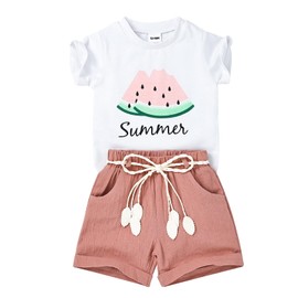FOCUTEBB 12-18 month Girl Clothes Baby Girls Summer Outfits Summer Short Set Infant Toddler Girls Outfit T-shirt + Linen Shorts with Belt Cute Summer Clothes Set Watermelon Pink 12-18 Months