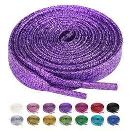 Olukssck 2 Pairs Flat Glitter Shiny Metallic Shoe Laces for Sneakers, 2/5" Wide Sequin Athletic Shoelaces Dark Purple 55 inch(140cm)
