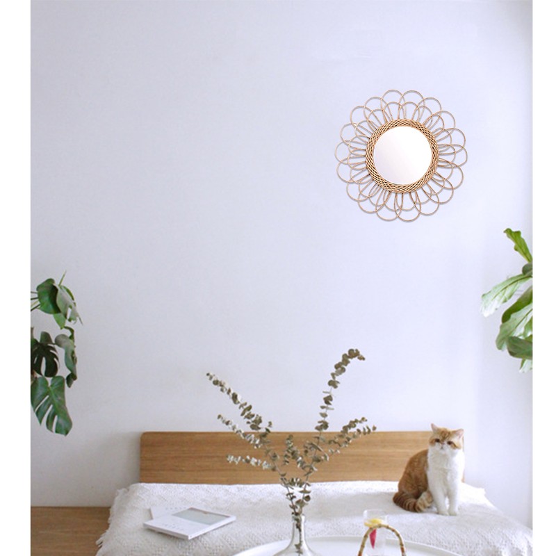 40cm Hanging Mirror Rattan Sunflower Circular Wall Mirror Decor Boho