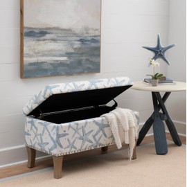 Linon Stephanie Cream and Light Blue Starfish Fully Upholstered Bench with Hidden Interior Storage