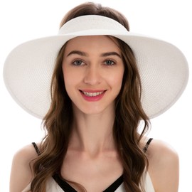 Straw Visor Hat for Women Sun Visor Packable Sun Hat Women Bow Visor Roll Up White Sun Hat with Ponytail Hole