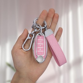 Seedwee for Nissan 5 Buttons Key fob Cover, Soft TPU Keys Protector Bling Key Fob Keychain for Altima Sentra Rogue Pathfinder Murano Armada Maxima Versa Smart Key, Silver Pink