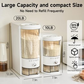 UFORU Rice Dispenser 10 lbs | Large Rice Storage Container for Kitchen&Pantry - Space-saving, Moisture & Pest-proof, BPA-Free - Dry Food Dispenser with One-Touch Dispenser & Measuring Cup for Families