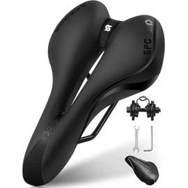 SPGOOD Bicycle Saddle, Gel Bicycle Saddle with Cover & Wrench, Comfortable Hollow Ergonomic Bicycle Seat for Men and Women, Mountain Bike MTB Road Bike Exercise Bike City / E-Bike Black 27 x 16 cm