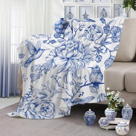 yuboo Blue White Spring Floral Throw Blanket, Chinoiserie Flower Bird Blanket Gifts for Women Kids Girls, Soft Flannel Hummingbird Blanket for French Country Coastal Victorian Decor, 50 x 60 Inch