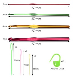 Set of 4 Crochet Hooks, Crochet Hook Set, Aluminium Knitting Needles, Multicoloured Aluminium Knitting Needles, Includes Stitch Markers and Plastic Needles with Large Eye