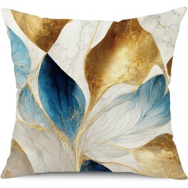 BCKAKQA Cushion Covers 45cm x 45cm Set of 4 Blue and Gold Decorative Throw Pillow Covers 18x18 inches Linen Square Throw Pillow Cases for Bedroom Living Room Sofa Couch Bed Pillowcases