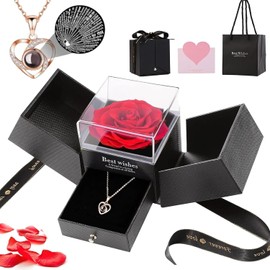 Rosa Roja Real Preservada con Collar “I Love You” en 100 Idiomas,Regalos 14 de Febrero,Regalos para Mama,Novia,Esposa,Aniversario,San Valentín,Cumpleaños para Mujeres (Caja y Collar)