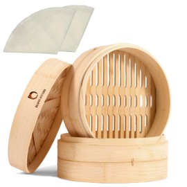 Bamboo Steamer - 2-Tier 10 Inch for Cooking Dim Sum, Momo, Rice - Chinese Basket for Bao Bun, Dumplings - Japanese Steaming