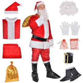 KLLOUZE Christmas Santa Claus Suit, Adult Men's Santa Costume, Xmas Classic Flannel Cosplay Clothes, Santa Fancy Suits Outfit (red 9pcs)