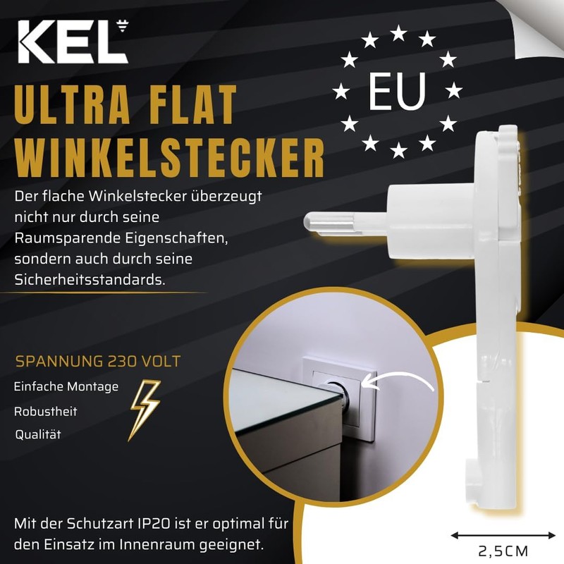 KEL Pack of 10 Ultra Flat Angle Plugs without Earthing,