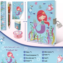 Set Diary Girls, Children's Stationery Gift Set Includes Mermaid Diary with Lock Notepad Eraser Sharpener Ruler & 6 Colour Pen for Teenagers Boys Notebook Gifts 6-12 Years