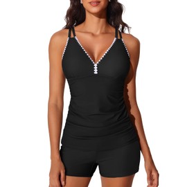 Summer Mae V-Neck Women Tankini Swimsuits Two-Piece with Side Pockets Swim Shorts 2025 Tie-Back Straps Bathing Suits Black Size 16