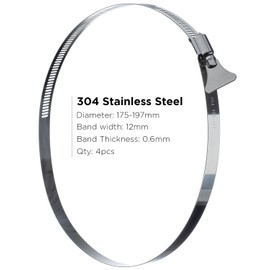 YoiYee 175-197mm Hose Clamp, 304 Stainless Steel Adjustable Pipe Clip with Thumbscrew, Butterfly Type Metal Worm Drive Ducting Strap for Securing Gas/Fuel Line, Pack of 4