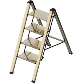 4 Step Ladder, Portable Step Folding, Lightweight Step Ladder with Anti-Slip Pedal, Aluminum Indoor Ladder and Closet, Kitchen - Champagne Gold