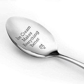 topkoutáli 1 Set Engraved Stainless Steel Spoon Gift Ice Cream Makes Everything Better Spoon Dessert Spoon Ice Cream Spoon With Gift Box For Parents Friends Girls Birthday Children's Day Holiday Gift