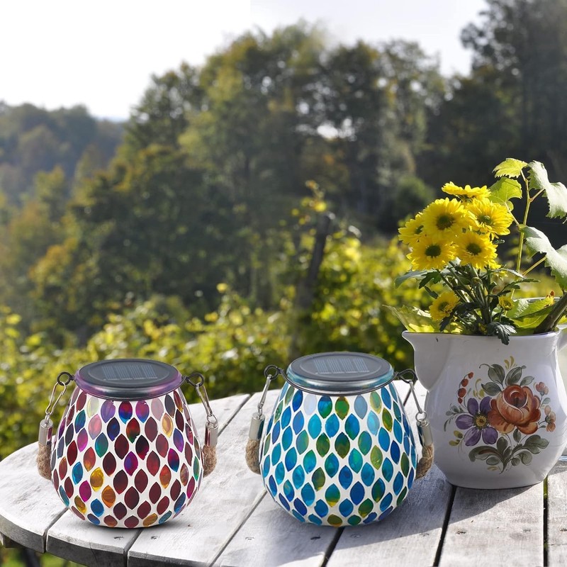 Zarmanuae Mosaic Solar Lanterns Outdoor Hanging Lights, Red & Blue