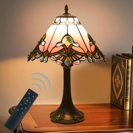 JHuiLap 12 Inch Tiffany Style Table Lamp, Baroque Stained Glass Lamp with Remote Control, Stepless Dimmable & 3 Color Temperatures, Desk Lamps for Bedroom Farmhouse Bedside Nightstand Bedside (Pink)
