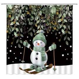 YNFUQANLN Snowman Leave Shower Curtain Winter Eucalyptus Leaves Green Snow Luge Black Plants Christmas 70" Wx70 H Fabric Bathroom Decor Curtain with Hooks