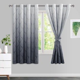 JIUZHEN Grey Ombre Blackout Curtains for Bedroom– Damask Patterned Thermal Insulated Noise Reducing Grommet Curtains with Tiebacks, 52 x 72 Inches, Set of 2 Window Curtain Panels