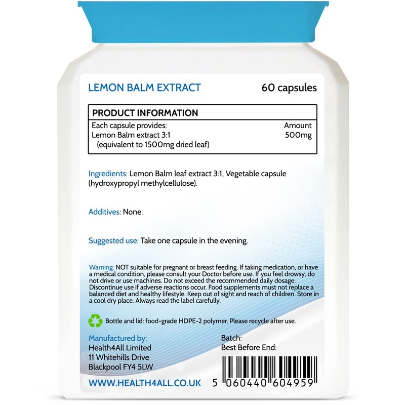 Health4All Lemon Balm Extract 1500mg 60 Capsules Purest: no additives,