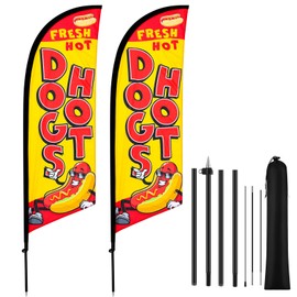 HunnmingRe 2 Set Hot Dogs Feather Flag Kit, 8ft Advertising Swooper Flag Banner with Pole and Ground Stake for Business Restaurant Advertising Banner for Outside Ground