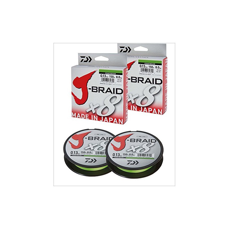 2 pcs. Daiwa J-Braid 8 Braid 0.06mm, 4,0kg/9,0lbs 150m chartreuse