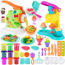 Crelloci 2-in-1 Play Color Dough Ice Cream Set with Noodle Maker, 38 Pcs Dough Set for Kids Ages 3-8, Pretend Play Kitchen Dough Accessories, Arts Crafts Play Food Toys for Kids 3+(9 Cans Dough)