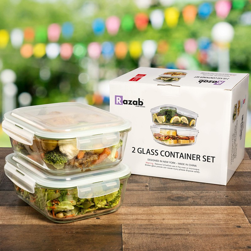 Razab 10 Cups/ 80 Oz 4 Pc (Set of 2) Glass Food Storage Containers with  Airtight Locking Lids-For Storing & Serving Food. BPA Free & Leak Proof -  Microwave, Dishwasher, Fridge, Freezer