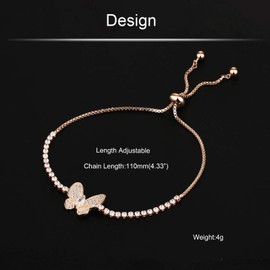 COTTVOTT Sparkling Cubic Zirconia Adjustable Slider Tennis Charm Bracelet For Women (Rose Gold, Butterfly)