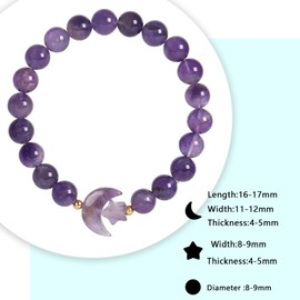 Nupuyai Carved Moon Star Amethyst Crystal Stone Bracelet for Women, 8mm Round Beads Stretch Bracelet Lucky Charm