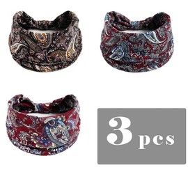 Gemcres 3PCS Boho Bandeau Headbands Wide Knot Hair Bands Stretch Elastic Floral Printed Hairband Yoga Sport Workout Turban Headwraps Stylish Fabric Head Bands Hair Accessories for Women Girls (C)