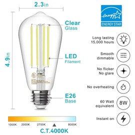 TJOY 6 Pack E26 Base Vintage LED Edison Light Bulbs, 60W Equivalent Dimmable, 4000K Natural White, 8W ST58 LED Filament Bulbs, 800Lumens, CRI80+, Antique Glass Style for Home, Bedroom, Farmhouse