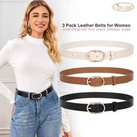 3 Pack JASGOOD Women's Leather Belts for Jeans Pants Dress Fashion Ladies Waist Belt with Gold Buckle